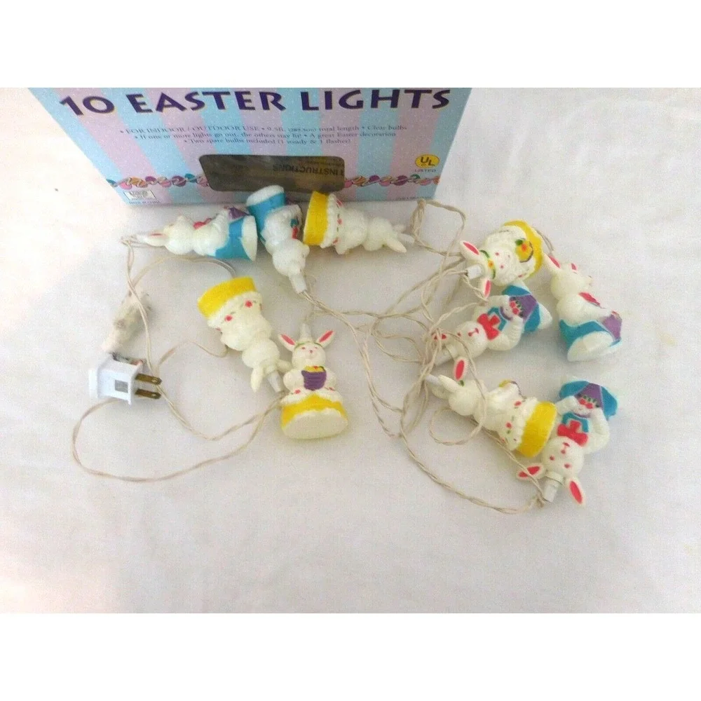 Easter Set of 10 Pastel Multi-Color‎ Rabbits Spring Lights  White Wire Vintage